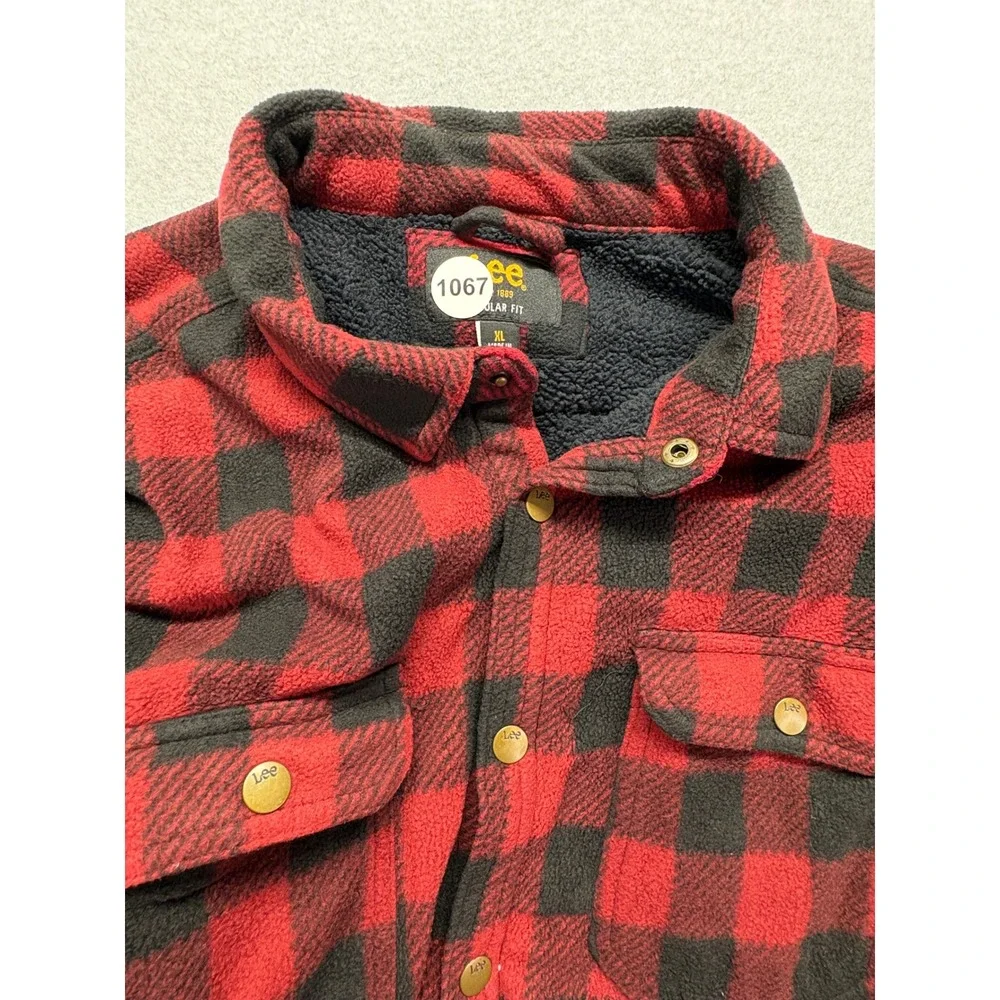 Lee Mens XL Red Black Buffalo Plaid Fleece Lined Flannel Snap‎ Shirt Jacket